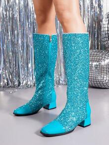 Women's Chunky Heel Tall Boots, New Warm Side Zipper Square Toe Blue High Heel Riding Boots, Autumn/Winter - Blue - View 5