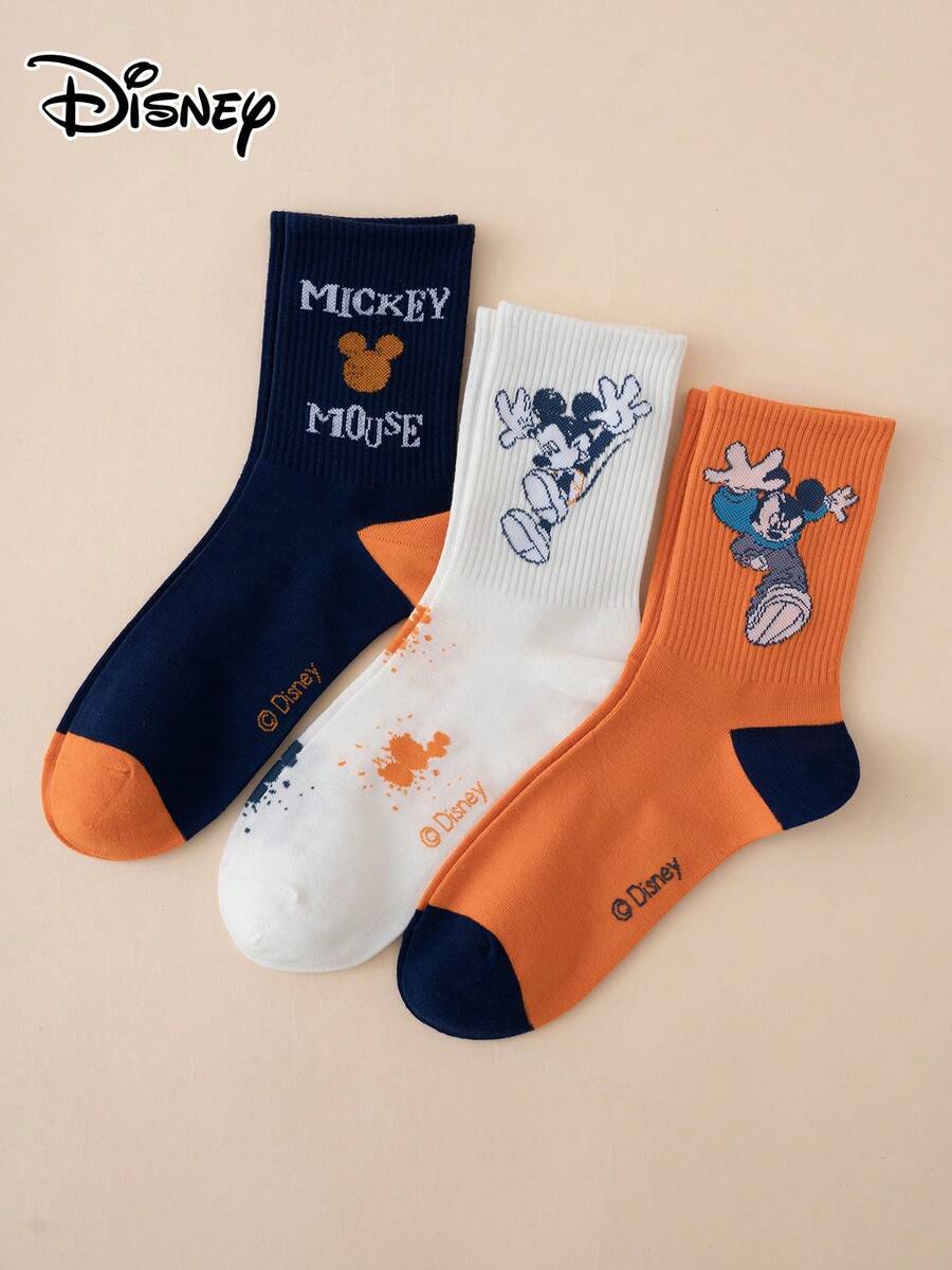 Disney 3 pares de calcetines de media caña con diseño de  y letras, de colores contrastantes, calcetines deportivos, para todas las estaciones, talla europea y americana, cómodos y transpirables, de colores vibrantes, aptos para uso diario, de tela premium, sin sensación de ahogo - Multicolor - Ver 1