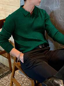 ALTZTAR 男士宽松修身长袖条纹针织 Polo 衫，简约时尚，适合日常通勤、春秋季穿着。 - 墨綠色 - 查看 5