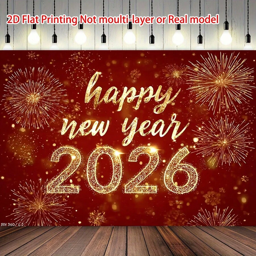 [New Year] 2D Flat, 1pc Happy New Year 2026  Red Polyester With Golden Fireworks & Glitter Design, Parties, Weddings, Photoshoots, And Holiday Celebrations, Home & Garage Door Decoration, Festive Room Decor| Festive| Durable Polyes - 彩色 - 查看 1