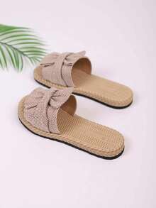 Papuci de damă gri, casual, la modă, minimalisti, drăguți, versatili, confortabili pentru casă, plajă, exterior, cumpărături, decor cu fundă, potriviți pentru primăvară, vară, toamnă, iarnă, material textil, sandale gri cu vârful rotund și plat