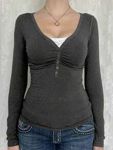 NOIRLYN Women's Y2K Autumn Casual Sexy Solid Color Lace Contrast Fitted Long Sleeve V-Neck Top, Suitable For Daily Commute Wear - Dark Grey - View 10