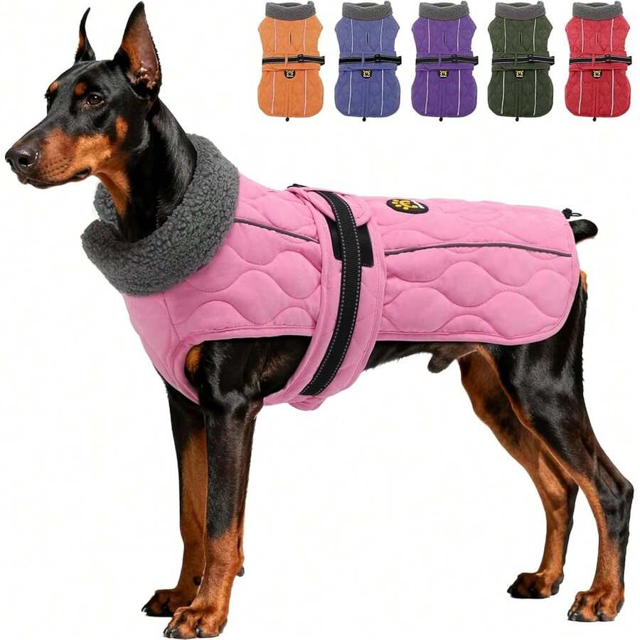 New Dog Winter Coat, Adjustable Quilted Dog Snow Jacket  Fleece Lining, Water Resistant Pet Apparel For Cold Weather, Warm Large Doggie Coat  Leash Hole And Reflective Strip, NewPink L - NewPink Lớn - Xem 1