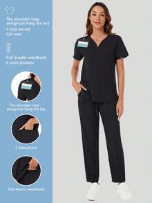 V-Neck Short Sleeve Pocket Top And Pocketed Pants Sanitary Suit Set, Scrub Set Spring Black - Black - View 4