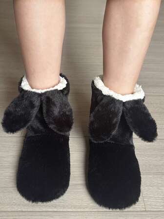 1 Pair Women's Cute Rabbit Ear Thermal Lined Mid-Calf Socks, Non-Slip, Warm, Suitable For Indoor Slippers And Daily Wear In Winter