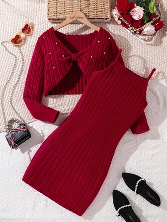 Left Mama Girls Elegant Vintage Bow Decor Long Sleeve Crop Top & Slip Dress 2-Piece Set, Spring/Autumn