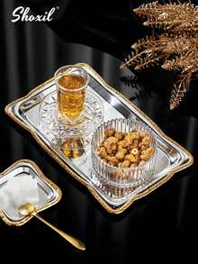 shoxil 1pc Two Tone Gold Trim Serving Platters With Tropical Leaf Pattern, Multi Shape Stainless Steel Trays, Elegant Tableware For Catering Buffet Tea Party Snack Service And Holiday Events - Tray - View 6
