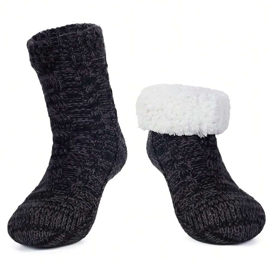 LEMZONE Men's Fluffy Slipper Socks Non Slip Winter Warm Cozy Fleece Lining Cabin Socks With Grips,7-12,Black - màu đen - Xem 1