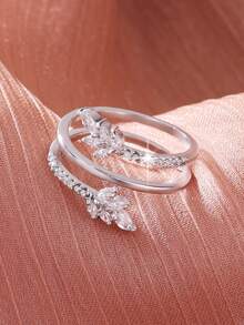 1 chiếc nhẫn Cubic Zirconia thiết kế hình lá nhiều lớp sáng tạo thời trang, quà tặng trang sức hoàn hảo cho phụ nữ, các cặp đôi, bạn thân, thích hợp cho hàng ngày, đám cưới, bãi biển, lễ tạ ơn, giáng sinh - Bạc - Xem 4