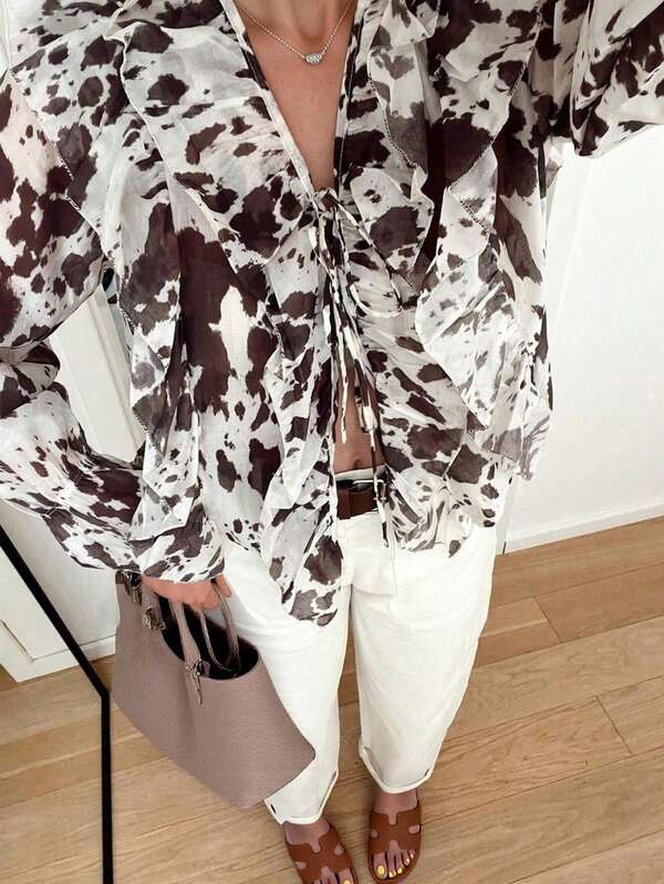 Camicia casual con stampa completa, con risvolto attorcigliato e bottoni, adatta per uso quotidiano