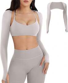 Women Crop Top Long Sleeve Bolero Open Front Workout Cropped Shirts Sports Shrug - 米色 - 查看 1
