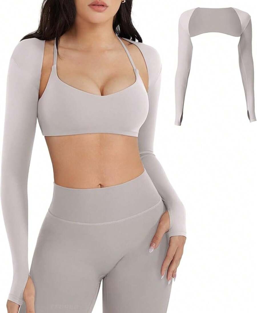Women Crop Top Long Sleeve Bolero Open Front Workout Cropped Shirts Sports Shrug - 米色 - 查看 1