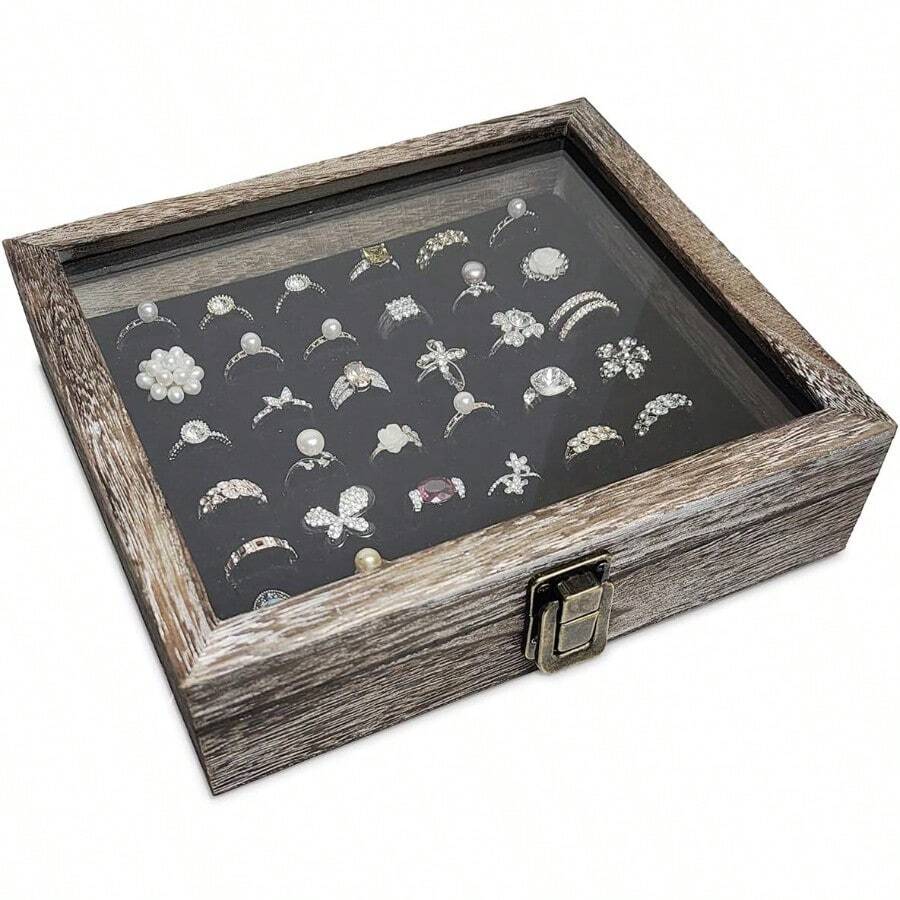 QY- 36 Ring Wood Jewelry Display Case Tempered-Glass Top Wooden Jewelry Display Case Jewelry Storage Box With Removable Black Flocked Velvet Ring Tray Coffee Color 7.5W X 8.4D X 2.2H -6108 - 環狀泡沫咖啡 - 查看 1