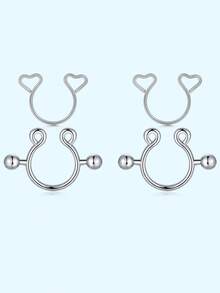 2对/套 不锈钢可调节乳头夹，可爱无穿孔乳环，简约心形假乳环，女士身体饰品 - Fake Nipple Ring - 查看 2