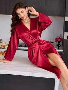 1 buah Jubah Panjang Elegan Wanita dengan Ikat Pinggang, Jubah Mandi Nyaman Warna Polos, Pakaian Tidur untuk Pesta Pernikahan, Cocok untuk Pakaian Rumahan, Semua Musim - Merah - View 6