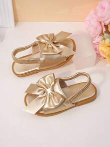 1 Pair Of Children's Golden Bow Sandals With Metallic PU Material, Exposed Toe, Low Cut Elastic Band, Flat Heel, Sweet And Elegant Style, Party Performance, Daily School Shoes - Gold - View 6