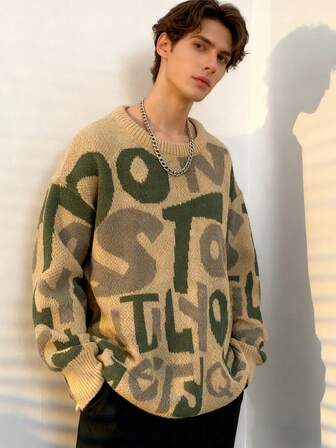 YouYuchen Plus Size Men's Graphic Letter Knit Pullover Sweater