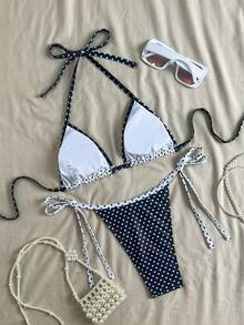 Bộ bikini xẻ tà buộc dây cổ yếm in họa tiết chấm bi phối màu mới (Nữ) Thích hợp cho kỳ nghỉ - Đen và trắng - Xem 5