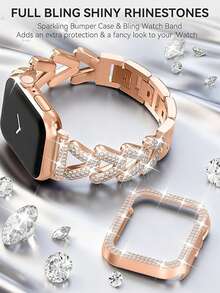 1pc/Set Watch Bands &Strap 41 Mm+1pc Watch Case Women Jewelry Shiny Diamond Metal Strap And Protective Case Are Suitable For Apple Watch Series11/10/ 9/8/7 Rose Gold Compatible With Apple Watch Band 38mm 40mm 41mm 42mm 44mm 45mm 49mm 2 Pieces Ladies' Jewelry Replacement Metal Wristband Strap With Shiny Screen Case Suitable For Ultra SE Series 9/8/7/6/5/4/3/2/1 Bling Ladies' Shiny Strap Watch Band Applewatch Accessories