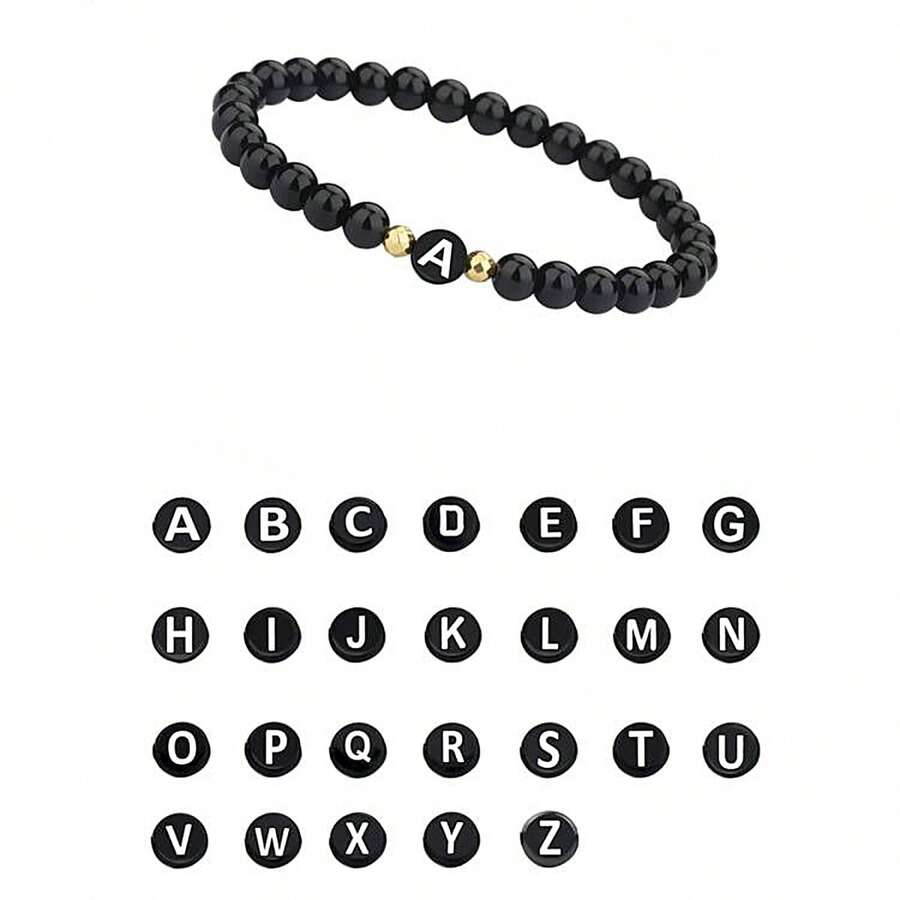 1pc 6mm Black Letter B Elastic Casual Minimalist Women Beaded Bracelet - Golden B2442 - View 1
