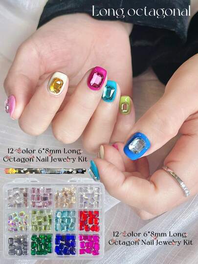  Bộ 180 viên đá đính móng KIRAME 12 màu hỗn hợp 6x8mm hình chữ nhật dẹt kèm bút chấm, đá trang trí móng K9 lấp lánh cao cấp dùng cho nghệ thuật làm móng tại nhà, tiệm nail, nhà cung cấp vật tư làm móng, Halloween, Giáng sinh, Năm mới, quà tặng lễ hội, vật tư làm móng quà tặng ngày lễ