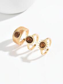 3pcs 18K Gold Plated Stainless Steel Tiger Eye Stone Rings, Minimalist Unique Design, Luxury Adjustable Finger Rings For Women - Gold - View 3