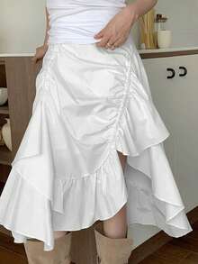 Asymmetrical Ruffle Hem Fish Tail Skirt, High Waist Slimming Skirt - White - View 3