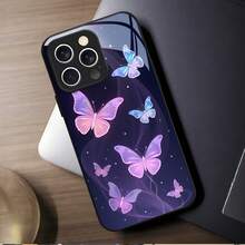 Funda de Teléfono de Vidrio Templado para iPhone 16, 15, 14, 13, 12 Plus Pro Max 5G - Diseño de Mariposa Luminosa - Colores mixtos - Ver 3