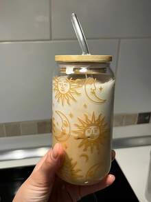 1pc Gold Sun Iced Coffee Matcha Glass Straw Cup, Glass Straw Drinkware, Jar-Shaped Juice Beverage Glass Straw Drinking Cup, Home Water Glass - Best Gift For Friends! A Cup Symbolizing Good Luck!