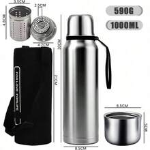 Termo de Acero Inoxidable 1000ML, Termo para Agua con Infusor de T, Botella de Agua, Cierre Hermtico, Sin BPA, Mantngase caliente y fro24 horas, con manga de botella, A prueba de derrames Verde - Plata - Ver 3