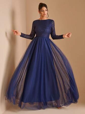 肤色露背圆领复古长袖简约网眼长款婚纱，白色，便宜优雅新娘礼服