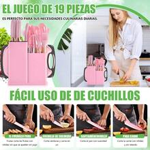 19 Set Utensilios De Cocina Silicon, Utensilios Reposteria Con Mango De Madera Sin BPA Con Espátulas Silicona, Batidor, Cucharas Para Cocinar, Cuchillos Cocina, Tarjas, Tablas Para Picar Y Estante De Almacenamiento - Rosa - Ver 5