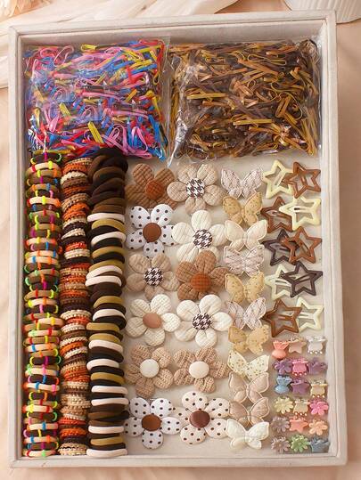 10/796 piezas/Set Pinzas para el cabello con pétalos florales y mariposas 3D en tonos marrones, lazos de cabello minimalistas surtidos, pasadores de estrella, pinzas de garra, adecuados para accesorios de cabello diarios o de fiesta para la hija