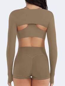 Women Crop Top Long Sleeve Bolero Open Front Workout Cropped Shirts Sports Shrug - Mocha - View 5