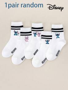 Disney 1/5/10双装，史迪奇天使图案儿童短袜，“星际宝贝”卡通图案，黑色双条纹白色中筒袜，女童短袜，男童短袜，柔软舒适透气踝袜，防滑船袜，酷炫卡通图案踝袜，可爱休闲风，日常穿着/派对礼物/复活节/夏季，多色袜子 - 彩色 - 查看 13
