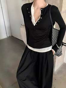 初秋休闲二合一修身长袖T恤女款黑色春季款 - 黑色 - 查看 4