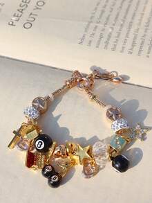 1 chiếc vòng tay hạt charm hình quả anh đào 8 bóng màu đen, vòng tay hình cô gái ngôi sao, vòng tay số 777 của quỷ, vòng tay hình ngôi sao và trái tim cổ điển thời trang - Bạc - Xem 10
