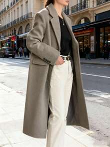 秋冬新款女装经典双排扣长款大衣派对优雅时尚纯色翻领开衫外套休闲复古宽松羊毛外套韩版OL商务冬装女式圣诞新年穿搭 - 灰色 - 查看 3