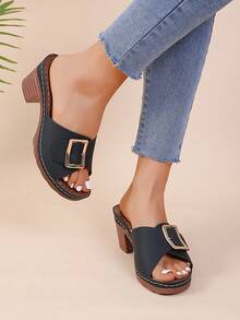 2025 Fashion Metal Buckle Design One-Strap Open Toe High Heel Mules, Chunky Heel Sexy Non-Slip Platform Sandals, Suitable For Summer Daily Wear (Run Large, Suggest Ordering One Size Down) - Black - View 7