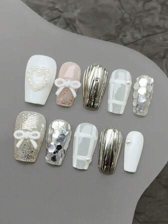 10片/套 手工亚克力按压式美甲贴片，短款棺材形美甲，秋冬美甲；短款美甲，婚纱新娘，新娘美甲，白色珍珠爱心美甲，3D蝴蝶结，白色格纹，白色美甲，银色闪粉装饰