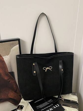 1pc Women's New Fashion Suede Large Capacity Shoulder Bag, With Zipper Closure, Metal Bowknot Dual Handles Tote Bag, Black, Suitable For Young Ladies, Commuting, Shopping, Travel, Casual, Business, Ideal For Women's Daily Use