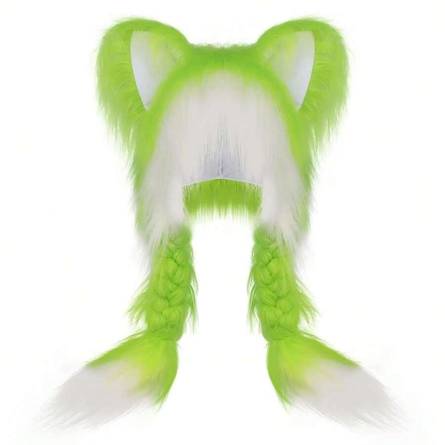 JUNBOON Cute Pl 11ush Cat Hat Fluffy Ear Headwear Winter Warm Earmuffs Head Mask Halloween Cosplay Accessory,Green - màu xanh lá - Xem 1