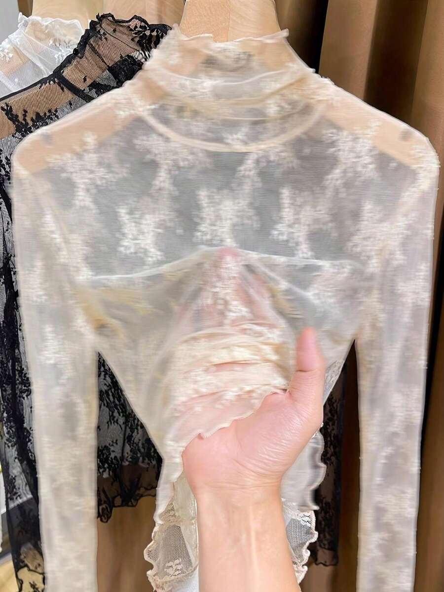 Thin High Collar Lace Camisole Shirt For Women, Ruffle Edge Mesh Undershirt, Spring/Autumn 2024 New Collection - Apricot - View 1