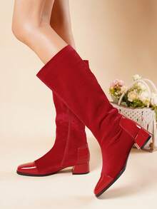 2025 New Autumn/Winter Fashion Thick Heel Tall Boots Women, Suede Knee-High Boots - Red - View 16