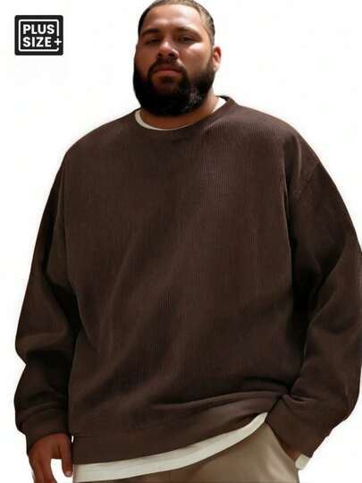 Men's Plus Size Sports Sweatshirt, Stylish Long-Sleeve Pullover, Crew Neck Design, Corduroy Base Shirt Fall