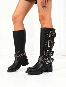 Vintage Metallic Buckles Knee High Boots For Woman Round Toe Wide Calf Riding Fashion Chunky Heel Pull On Y2K Motorcycle Boots - 黑色 - 查看 5