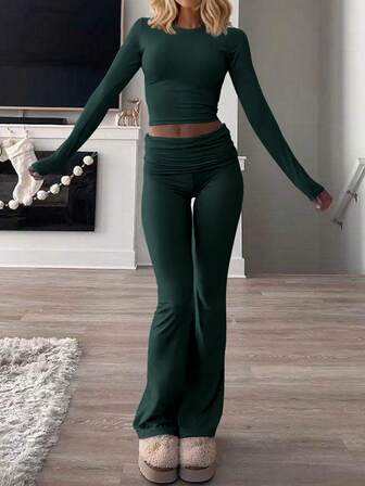 Women's Round Neck Long Sleeve T-Shirt And Pants Casual Matching Set, Versatile For Spring