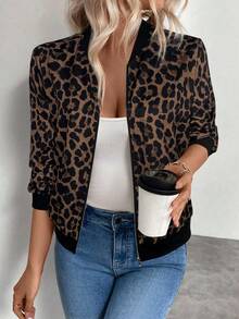 Keke Bloomly Latest Leopard Print Bomber Jacket For Women, Metal Zipper, Baseball Collar, Long Sleeve, Regular Fit, Lightweight, Fashion Casual Commute Vacation Versatile Jacket