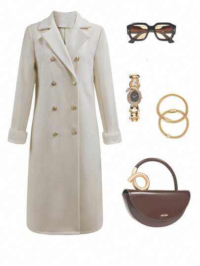 SMILE CHIC White Double-Breasted Faux Fur Sleeve Long Fitted Warm Jacket, Suitable For Dates And Everyday Wear