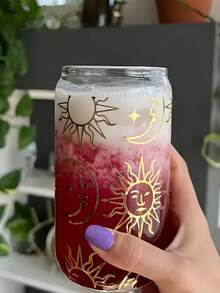1pc Gold Sun Iced Coffee Matcha Glass Straw Cup, Glass Straw Drinkware, Jar-Shaped Juice Beverage Glass Straw Drinking Cup, Home Water Glass - Best Gift For Friends! A Cup Symbolizing Good Luck!